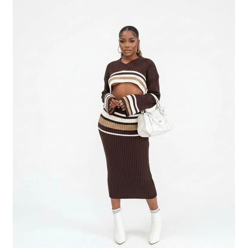 Sexy Knitted V-Neck Top and Skirt Set