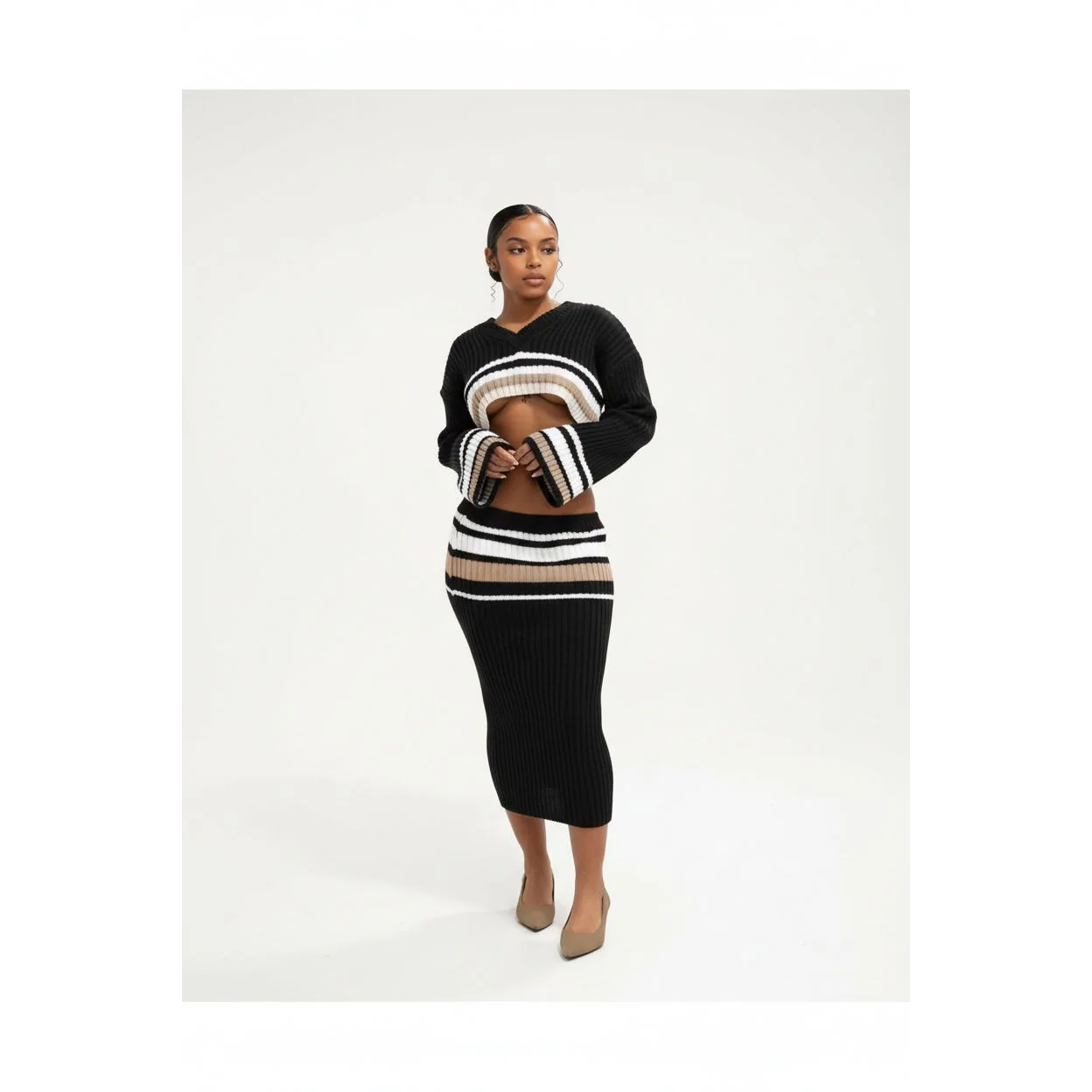 Sexy Knitted V-Neck Top and Skirt Set - Image 2