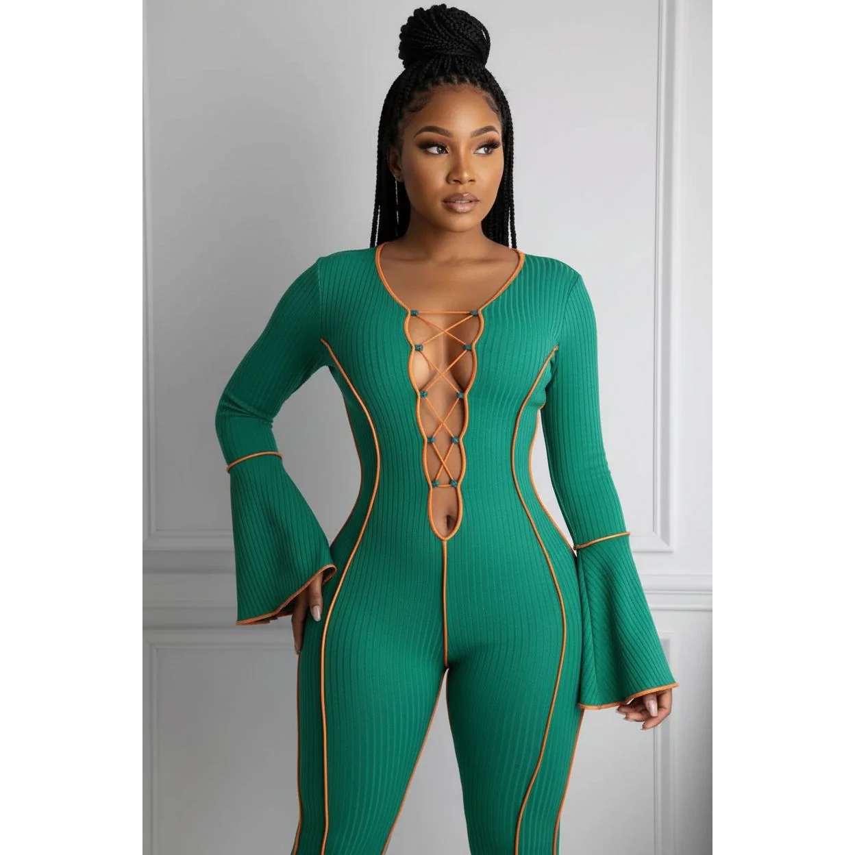 Sexy Lace Up V-neck Flared Sleeves Jumpsuits - Image 2