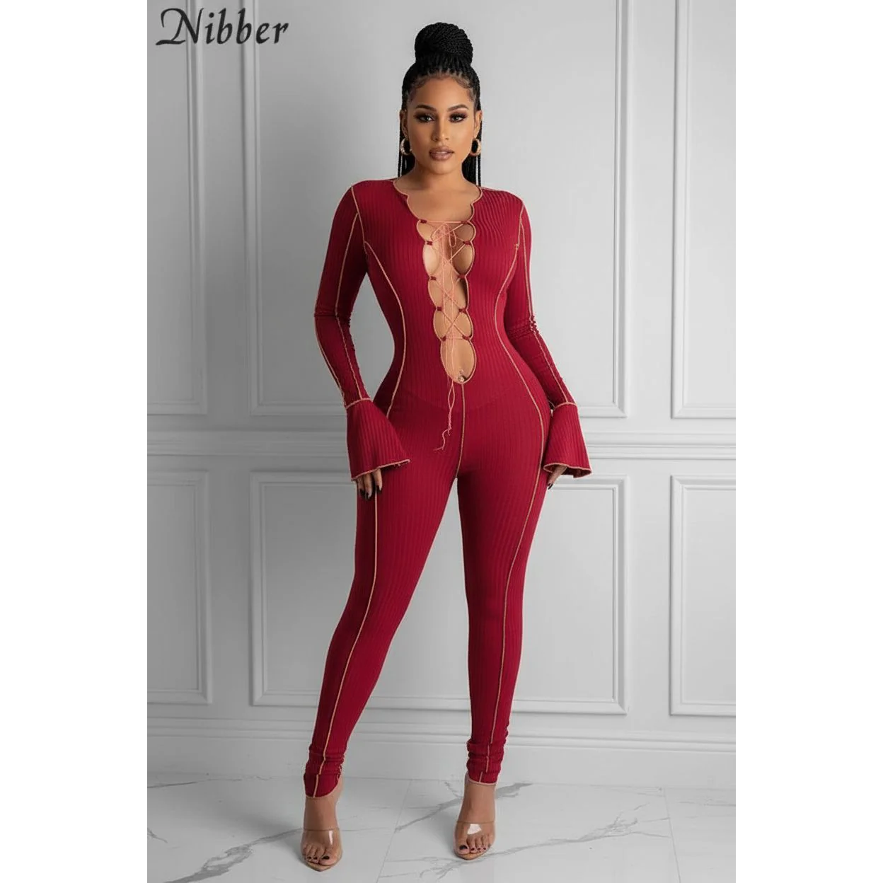 Sexy Lace Up V-neck Flared Sleeves Jumpsuits - Image 3