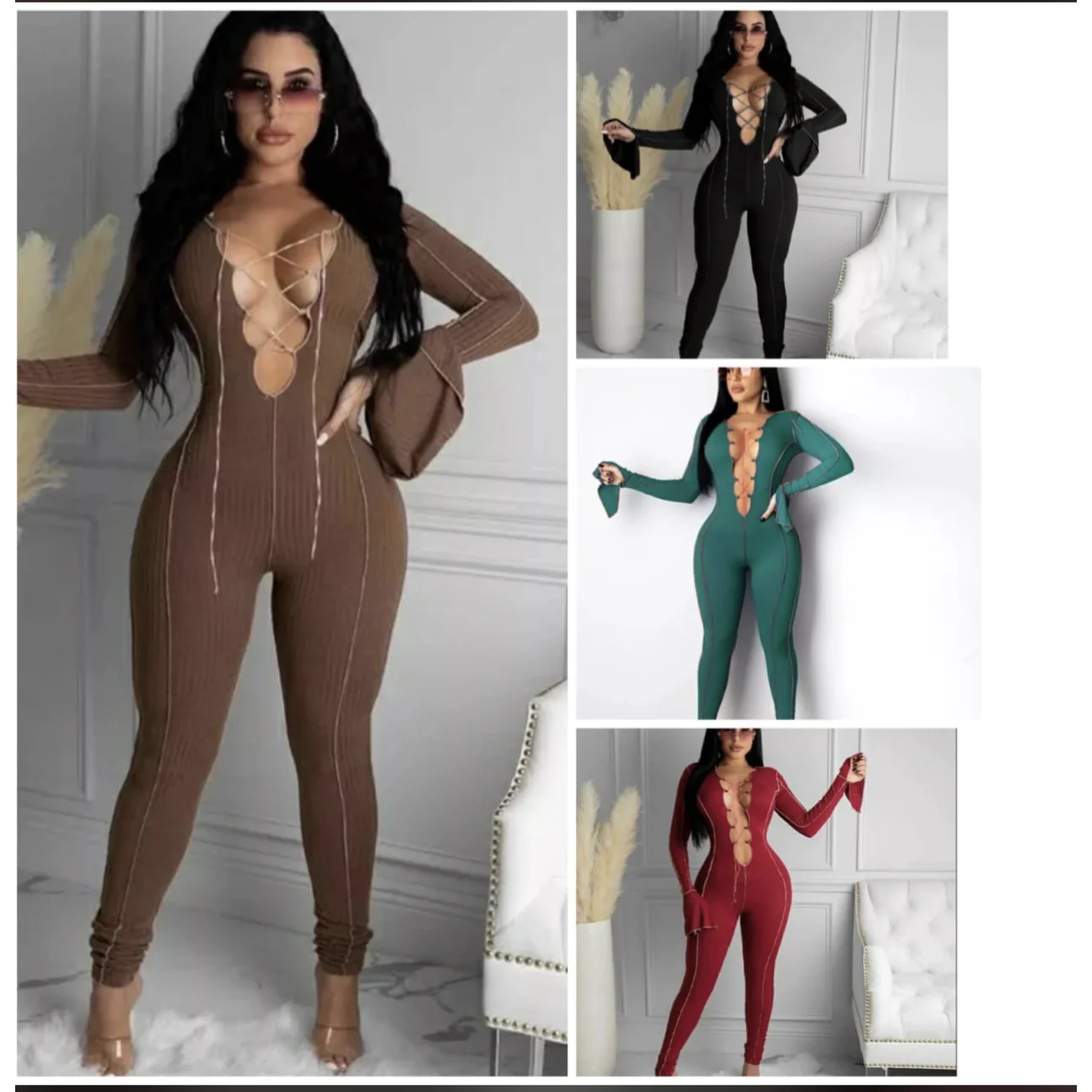 Sexy Lace Up V-neck Flared Sleeves Jumpsuits - Image 4