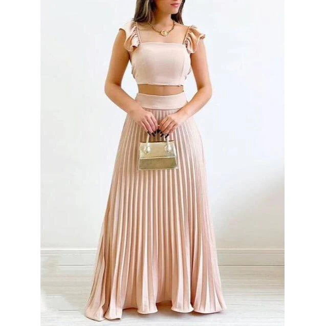 Sexy Pleated Skirt and Square Neck Top Set - Image 2