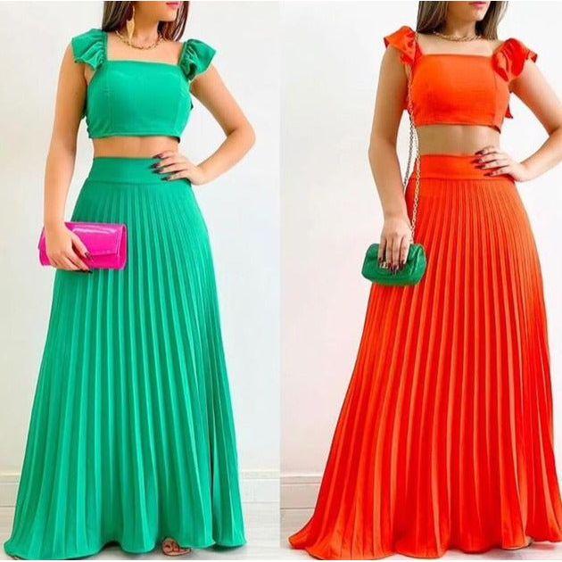 Sexy Pleated Skirt and Square Neck Top Set - Image 3