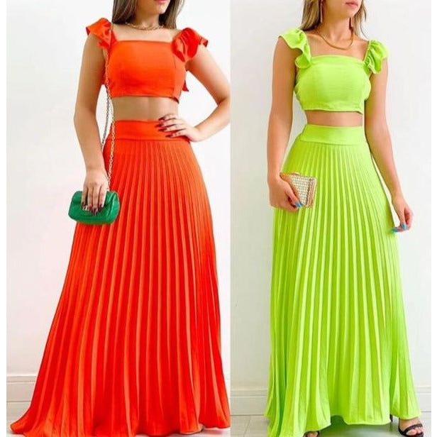 Sexy Pleated Skirt and Square Neck Top Set - Image 4