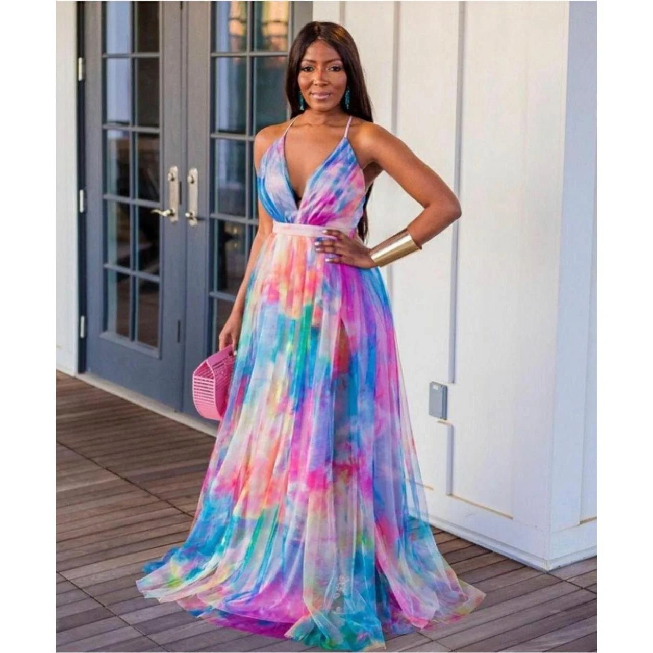 Sexy Print Tie Dye Backless V Neck Dress - Image 3