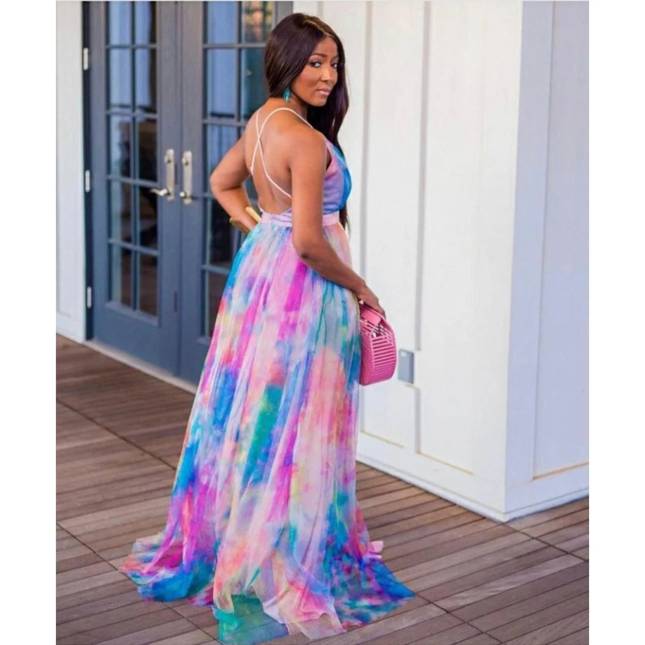 Sexy Print Tie Dye Backless V Neck Dress - Image 4