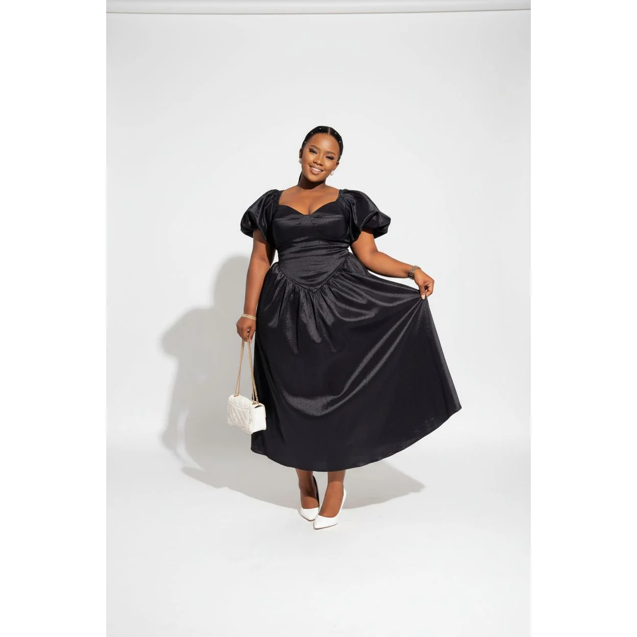 Sexy Puffed Shoulders Satin Dress - Image 2