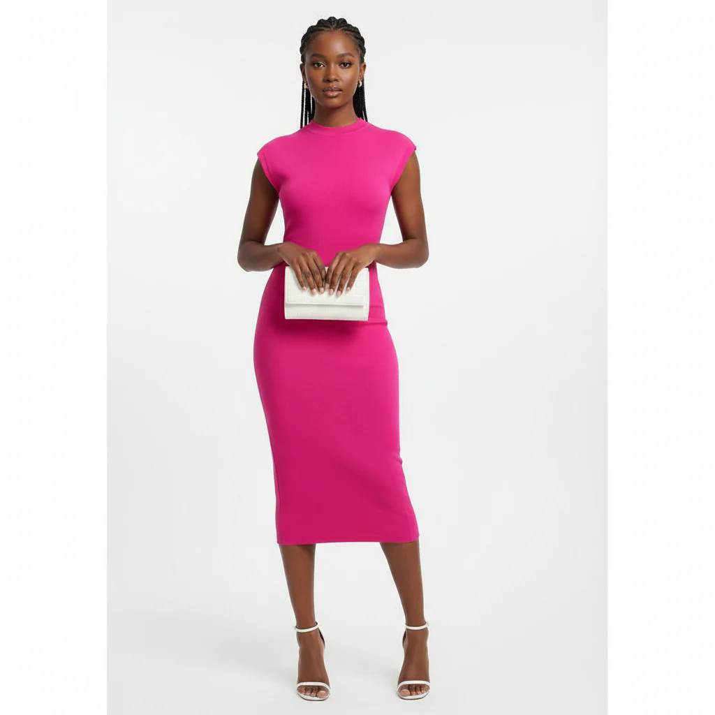 Sexy Round Neck Pleated Sleeveless Plain Colour Midi Dress - Image 2
