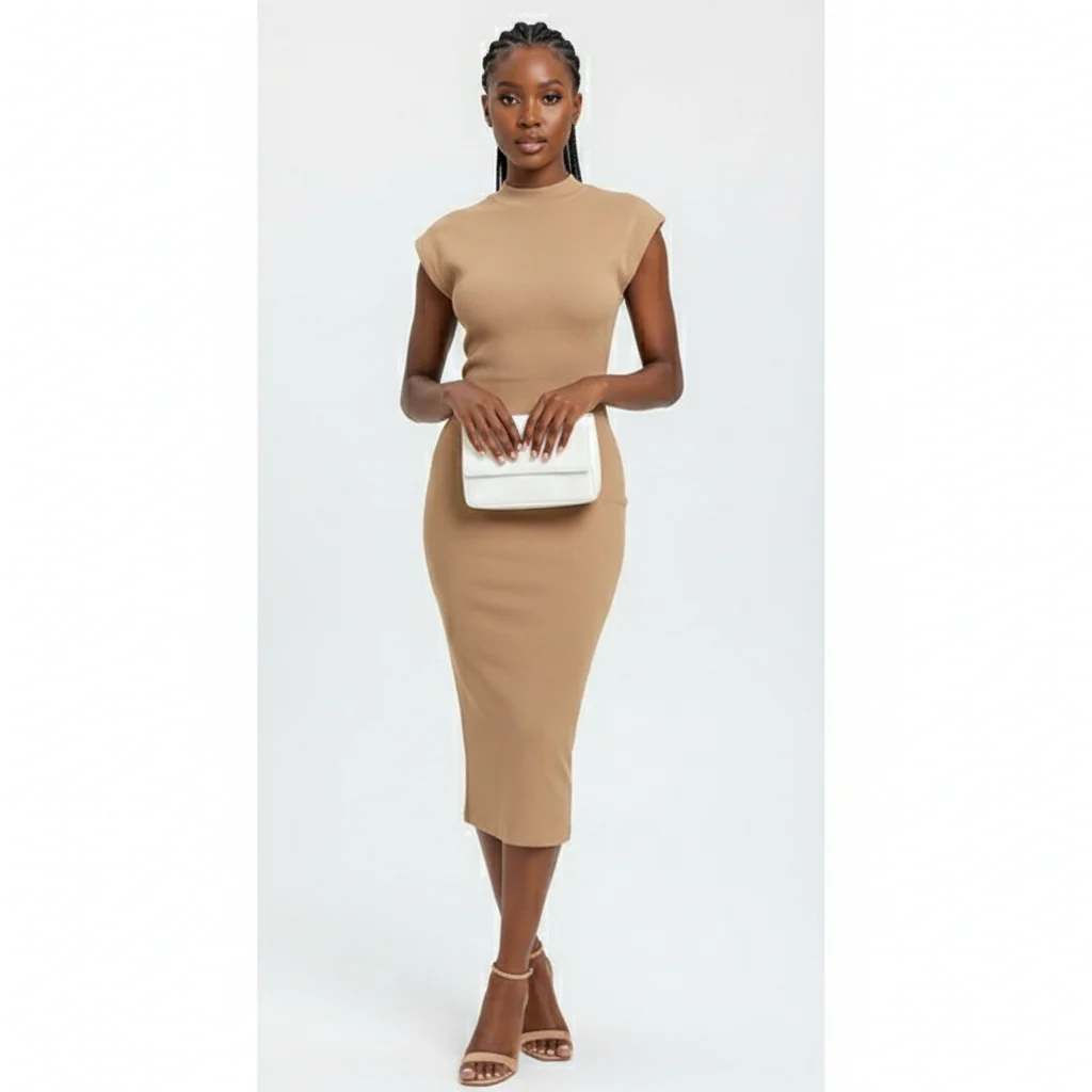 Sexy Round Neck Pleated Sleeveless Plain Colour Midi Dress - Image 3