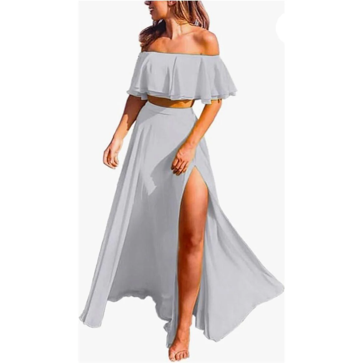 Sexy Ruffle Crop Top &amp; Formal High Split Skirt 2 Piece set. - Image 3
