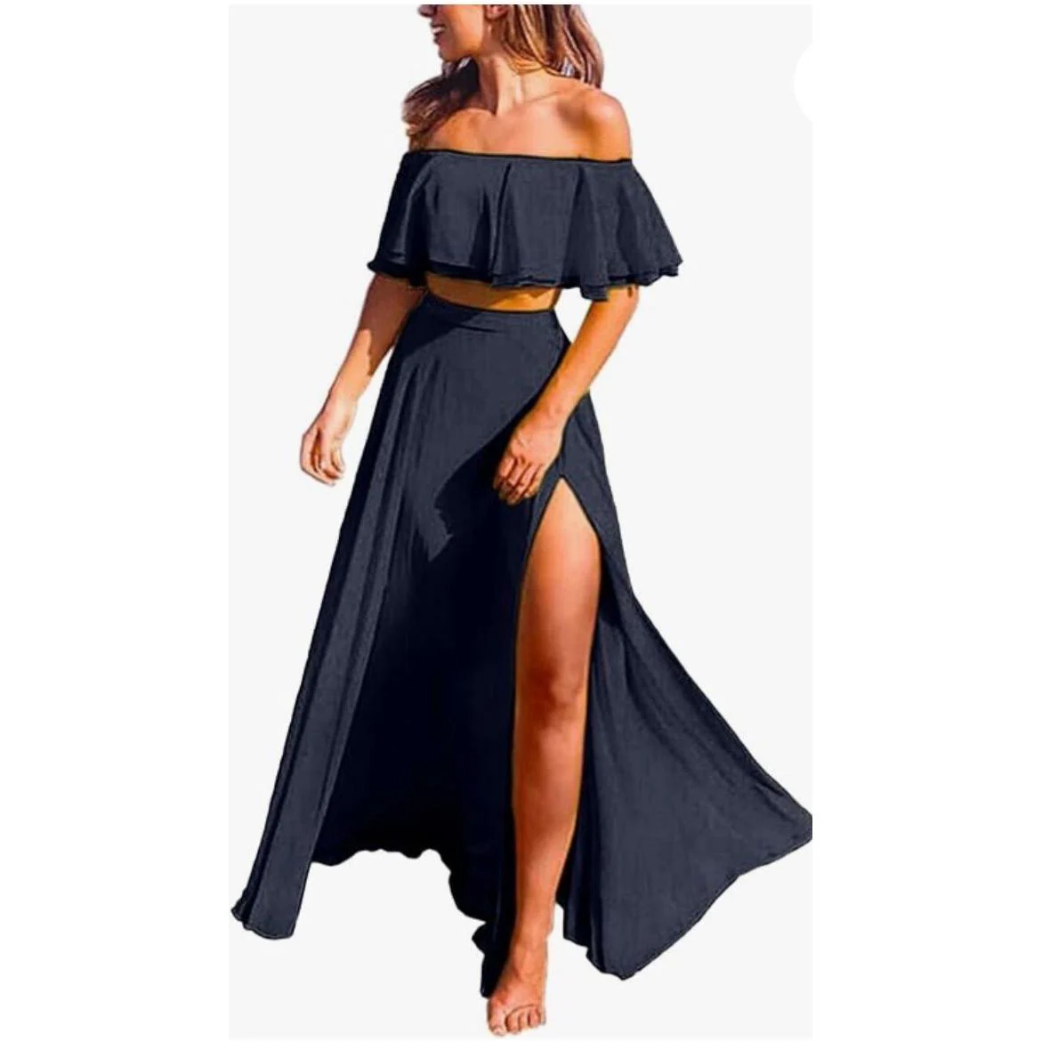 Sexy Ruffle Crop Top &amp; Formal High Split Skirt 2 Piece set. - Image 4