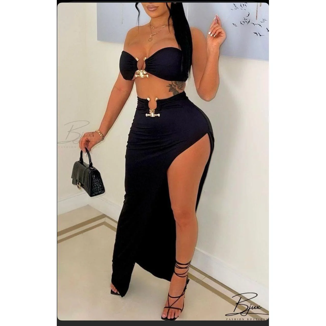 Sexy Side Slit Skirt and Strapless Bra Set - Image 2