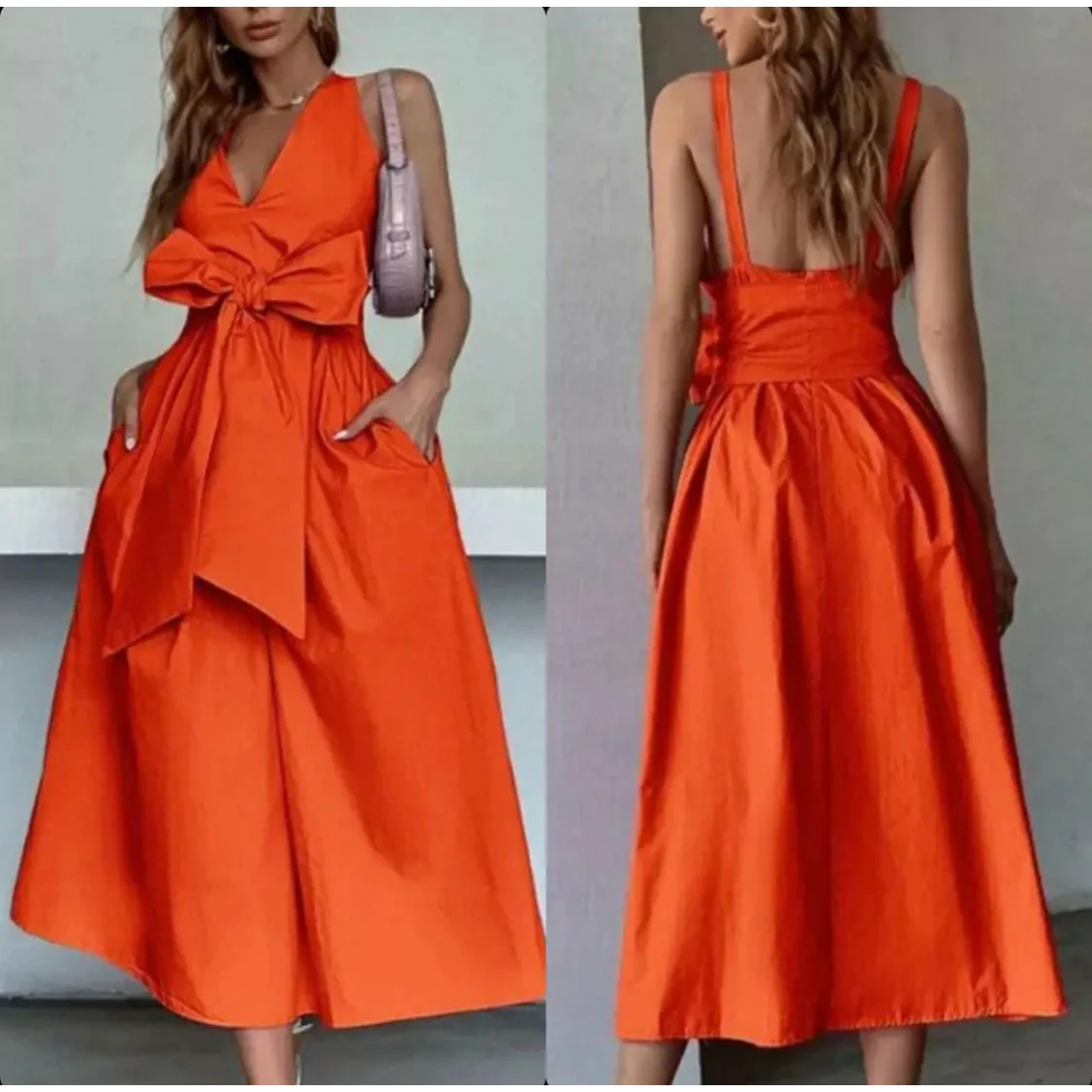 Sexy V Neck Sleeveless Big Bow Open Back Dress - Image 2