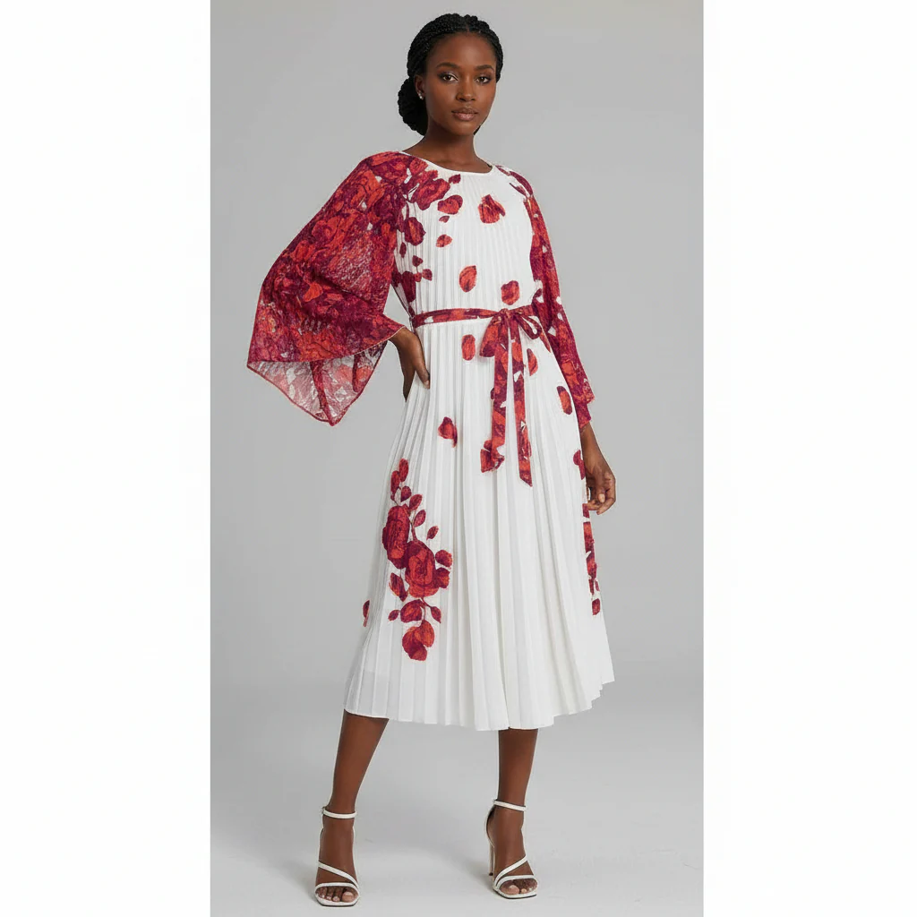 Printed Plus Size Satin Long Sleeve Midi Dress - Image 3