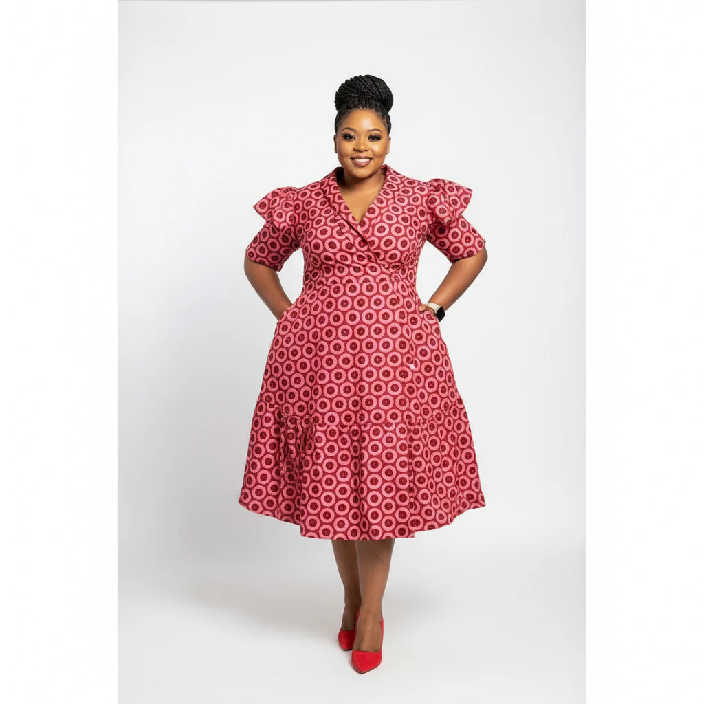 Short Sleeve African Print Pleated Knee Dress. - Image 2