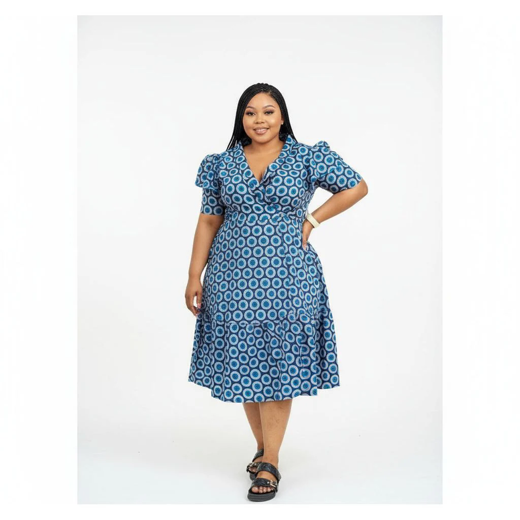 Short Sleeve African Print Pleated Knee Dress. - Image 3