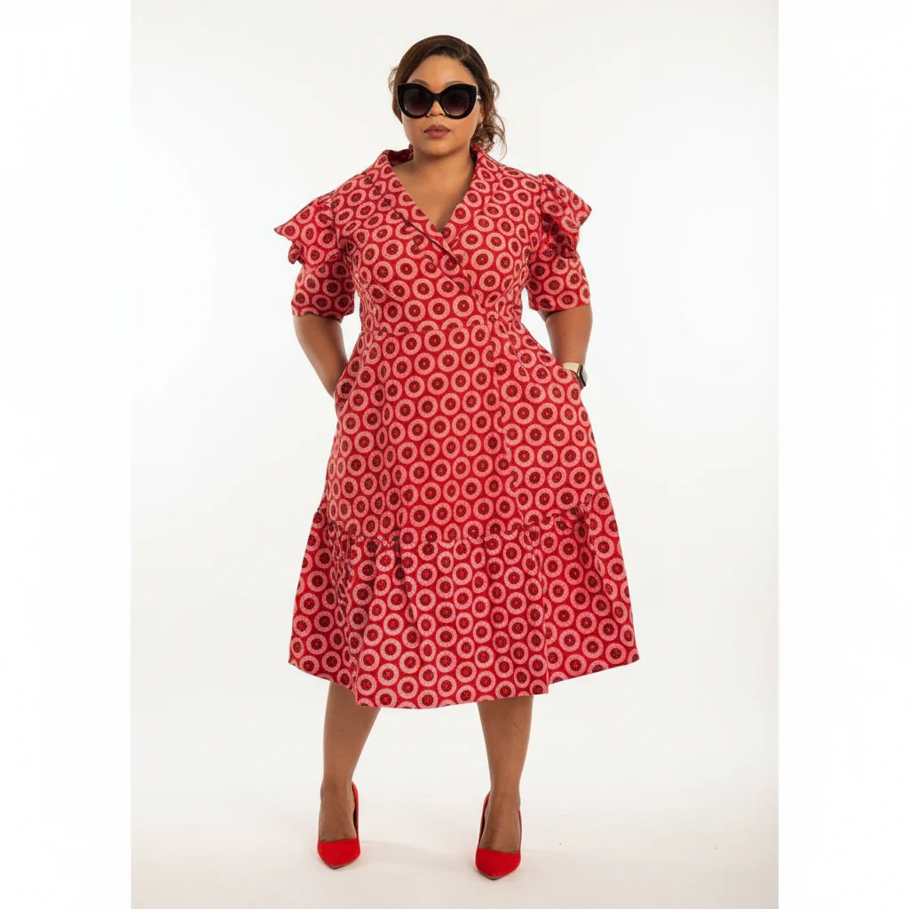 Short Sleeve African Print Pleated Knee Dress. - Image 4