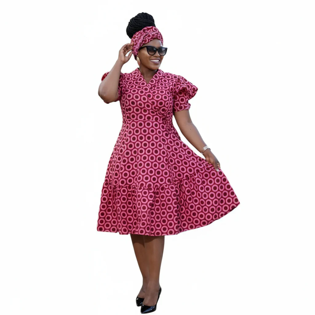 Short Sleeve African Print Pleated Knee Dress. - Image 6