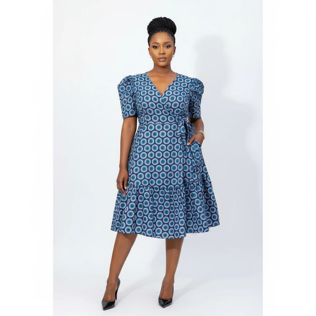 Short Sleeve African Print Pleated Knee Dress. - Image 7