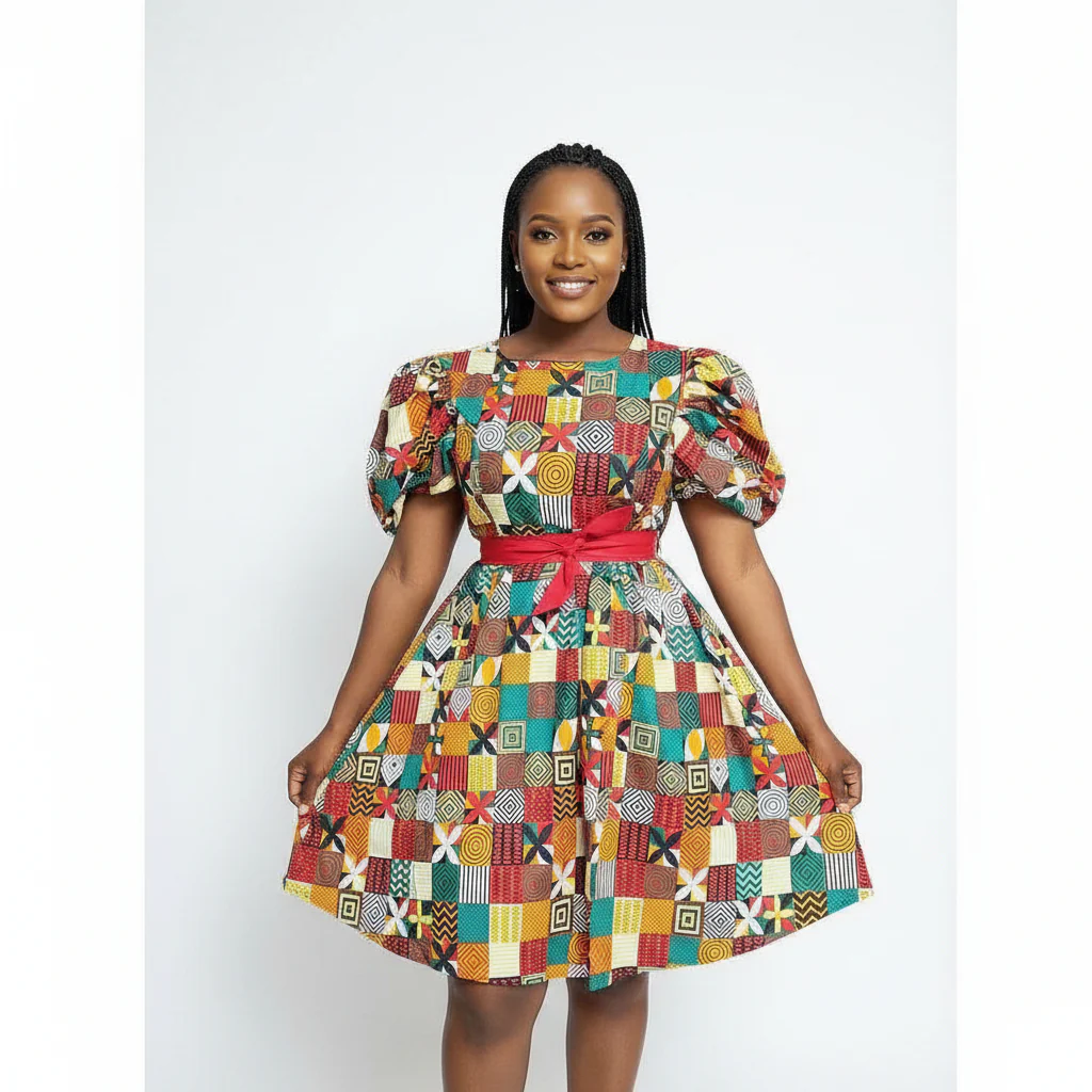 Short Sleeve Ankara Midi Dress