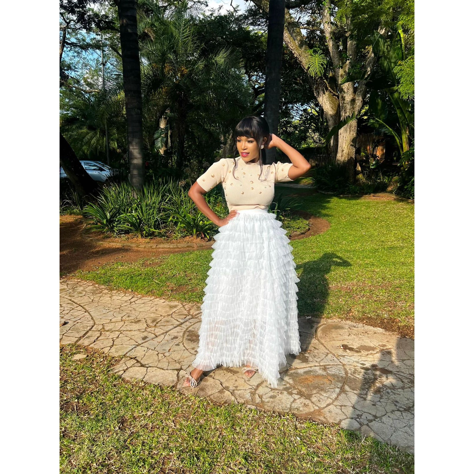 Short Sleeve Beaded Slim Top with Elastic High Waist Outfit Set - Image 3