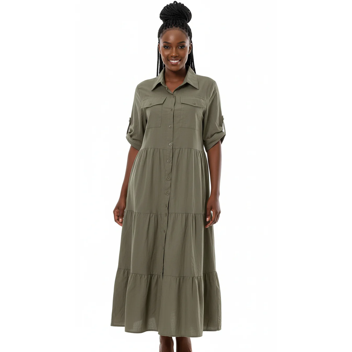 Short Sleeve Buttoned Collar Dress - Image 2