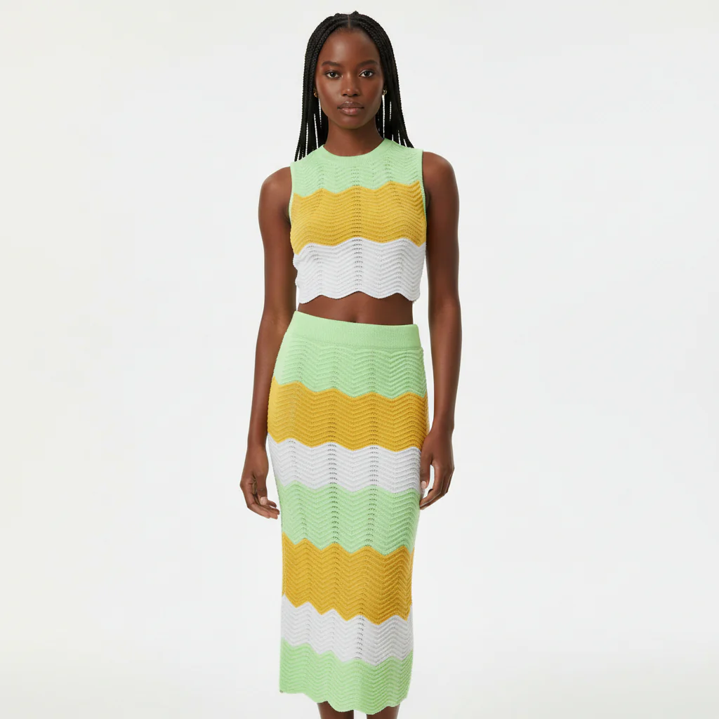 Sleeveless Cardigan Sweater With Scallop Trim & Knitted Skirt Set - Image 2
