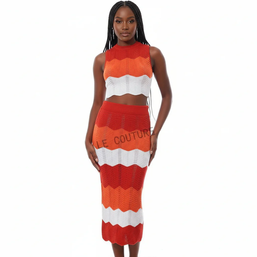 Sleeveless Cardigan Sweater With Scallop Trim & Knitted Skirt Set - Image 3