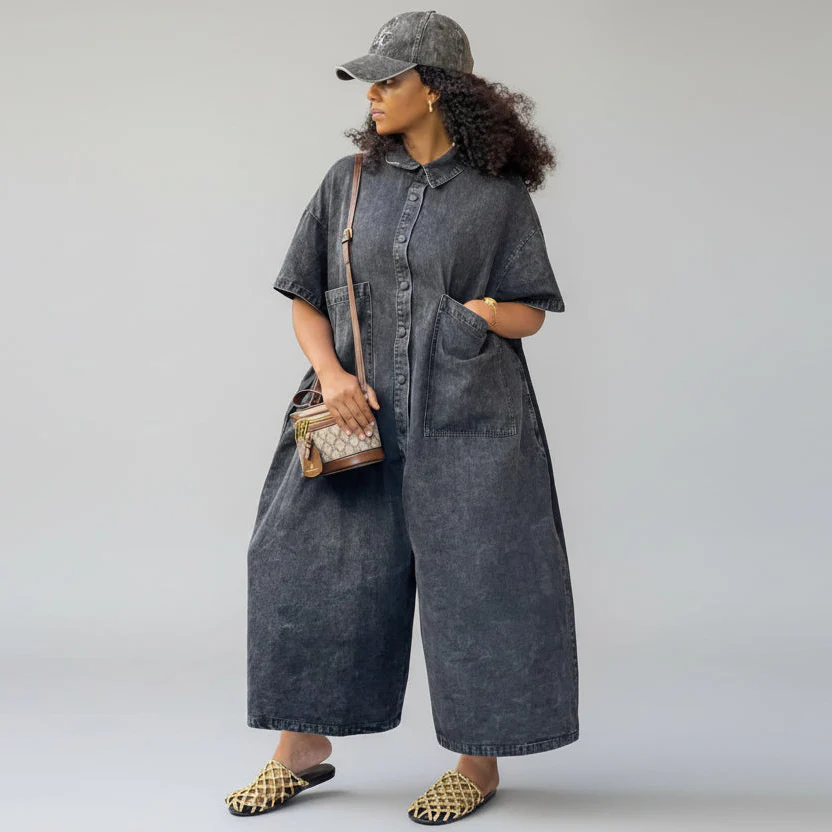 Short Sleeve Denim Big Pocket Midi Jumpsuit