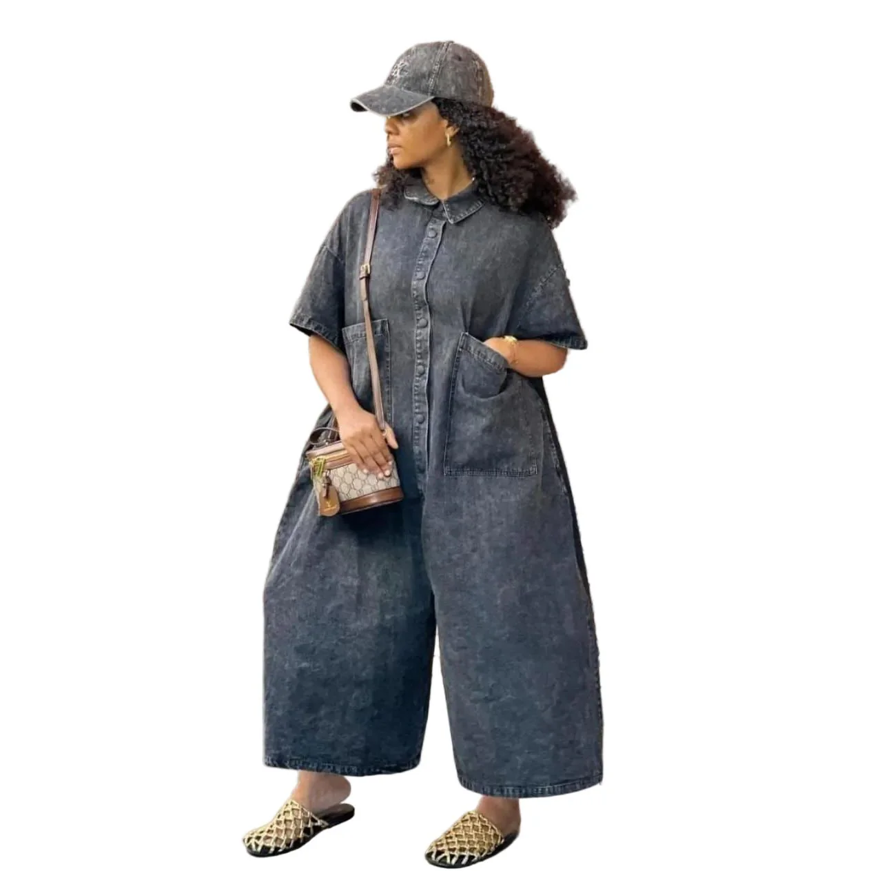 Short Sleeve Denim Big Pocket Midi Jumpsuit - Image 2