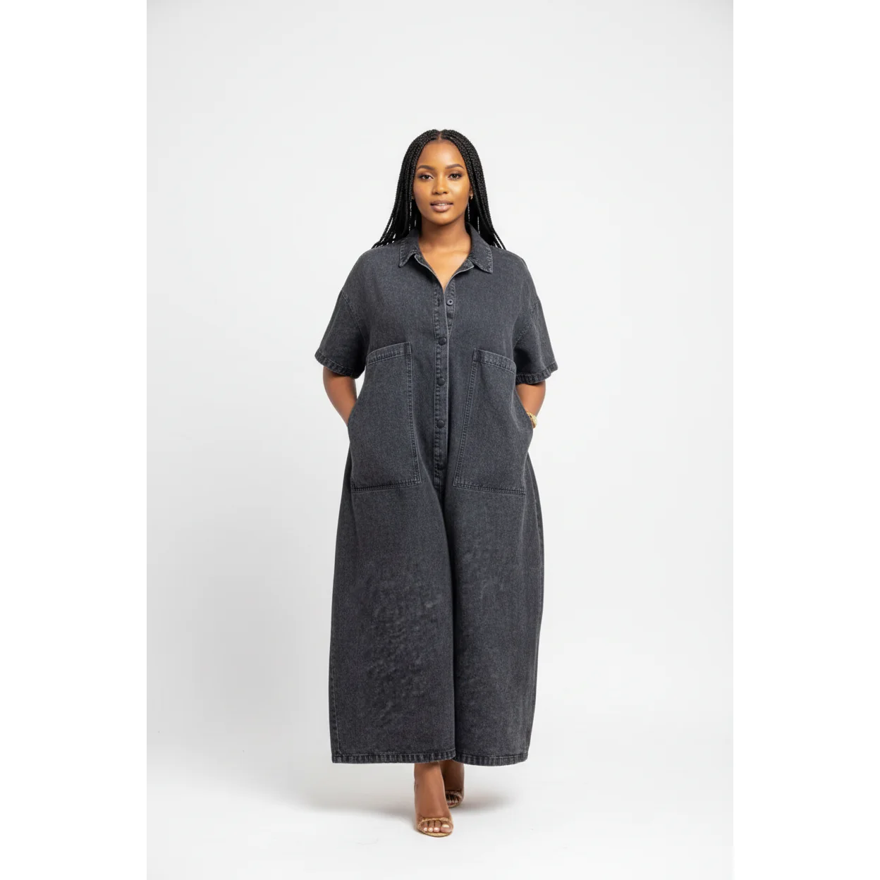 Short Sleeve Denim Big Pocket Midi Jumpsuit - Image 3