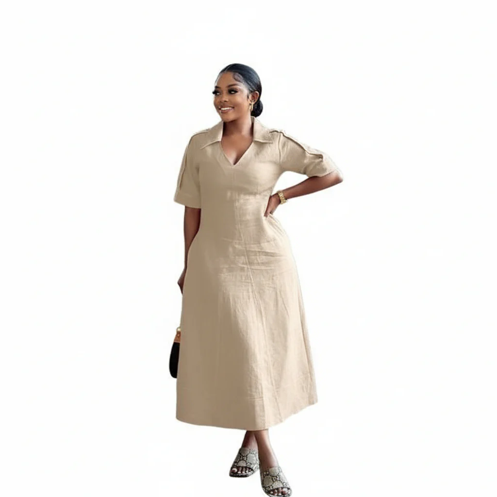 Short Sleeve Formal Collar A-line Midi Dress - Image 2