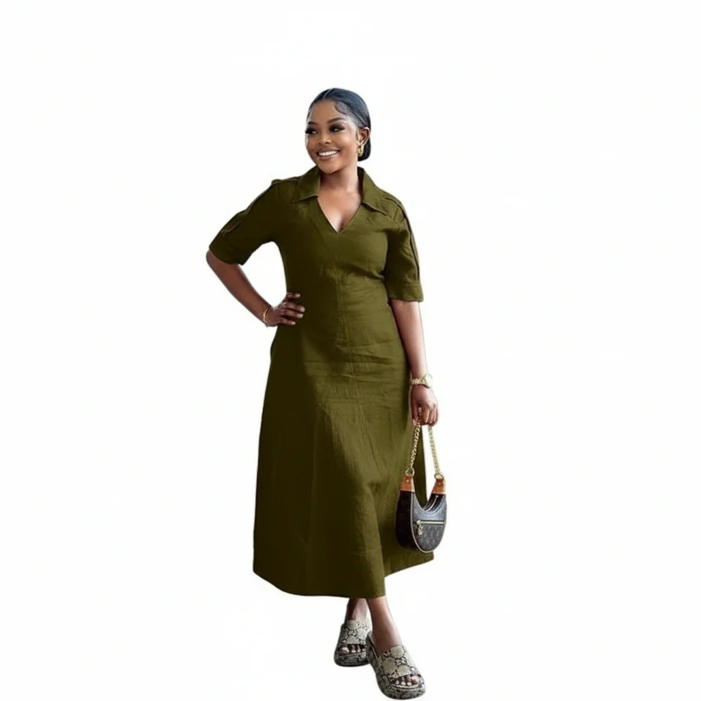 Short Sleeve Formal Collar A-line Midi Dress - Image 3