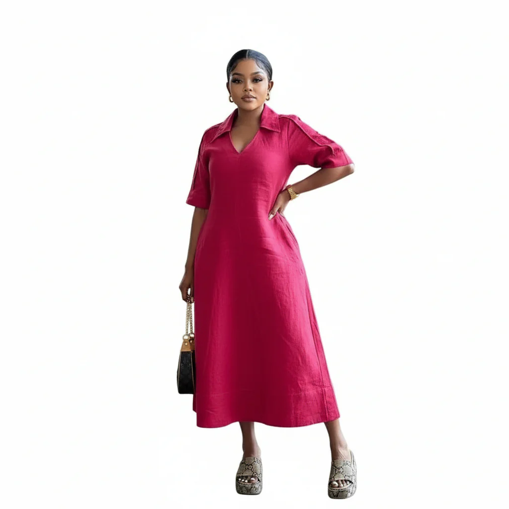 Short Sleeve Formal Collar A-line Midi Dress - Image 4