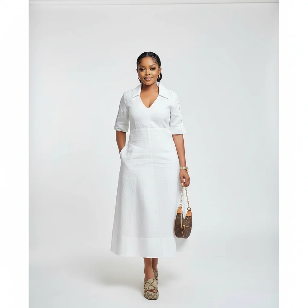 Short Sleeve Formal Collar A-line Midi Dress - Image 5
