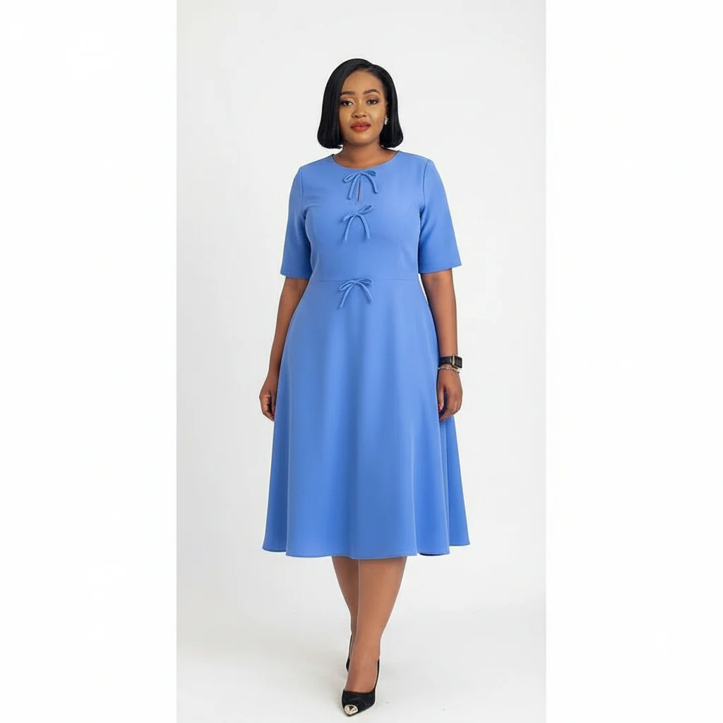 Short Sleeve High Waist A-Line Midi Dress