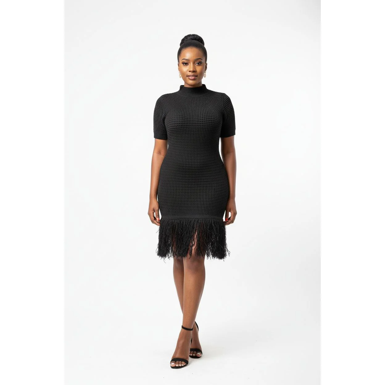 Short-Sleeve Knitted Tassel Mini Dress - Image 3