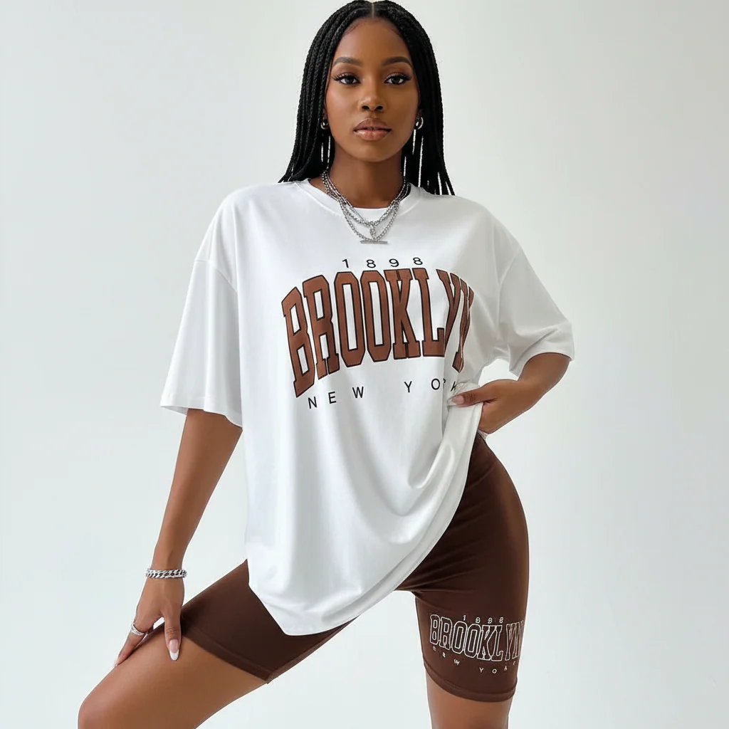 Short Sleeve Ladies Brooklyn Printed T Shirt and Tight Pants Set. - Image 3