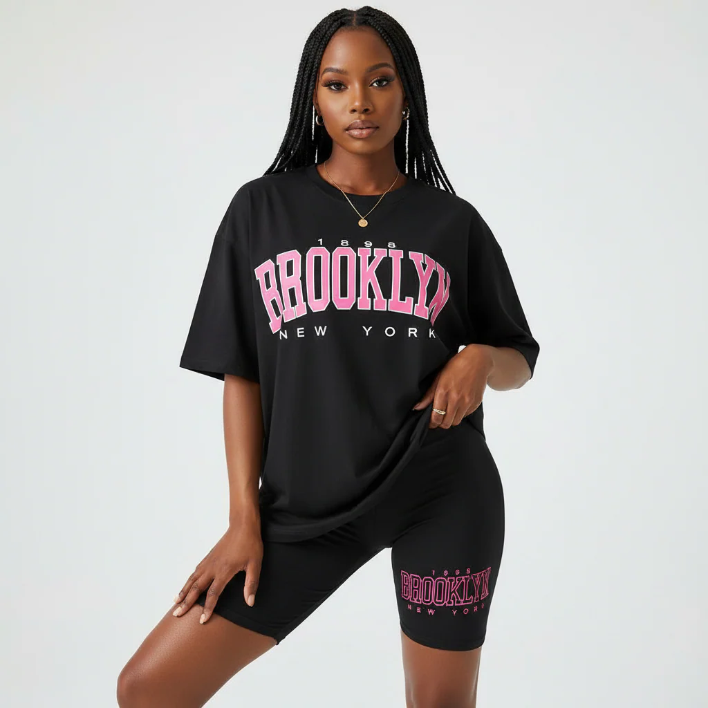 Short Sleeve Ladies Brooklyn Printed T Shirt and Tight Pants Set. - Image 4