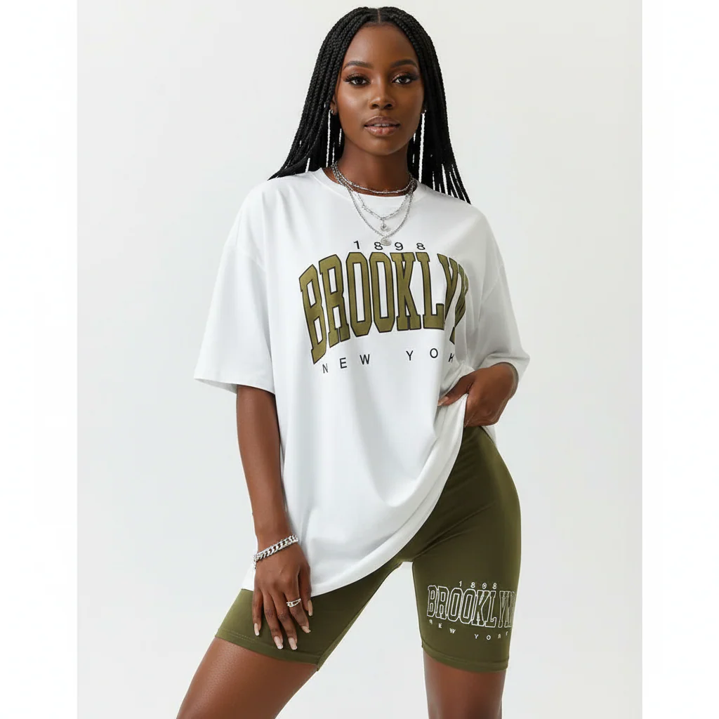 Short Sleeve Ladies Brooklyn Printed T Shirt and Tight Pants Set. - Image 6