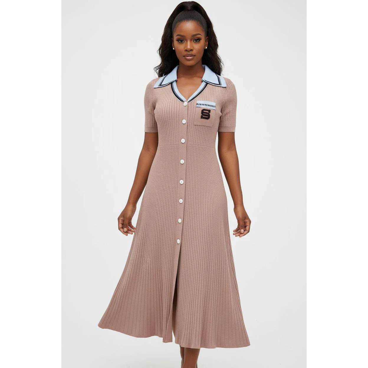 Short Sleeve Ladies Knitted Collared Dress - Image 2