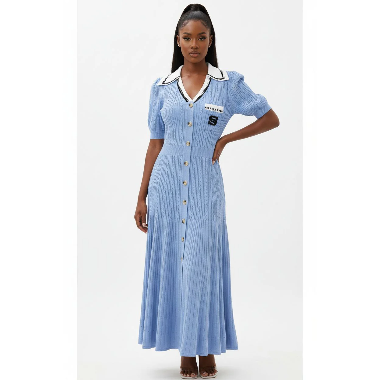 Short Sleeve Ladies Knitted Collared Dress - Image 3
