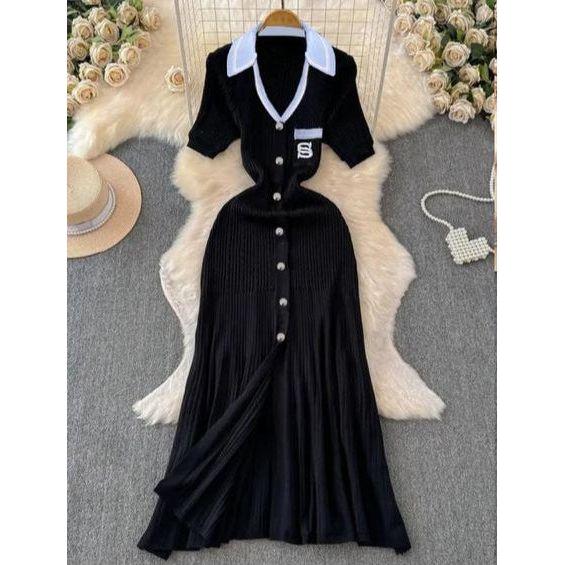Short Sleeve Ladies Knitted Collared Dress - Image 4