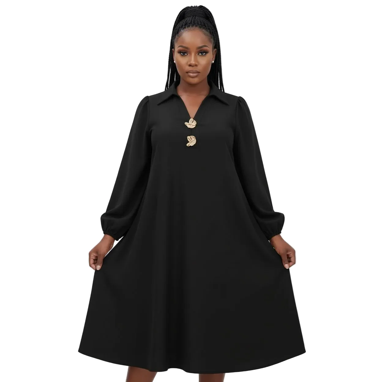 Long Sleeve Lapel Midi Dress - Image 2