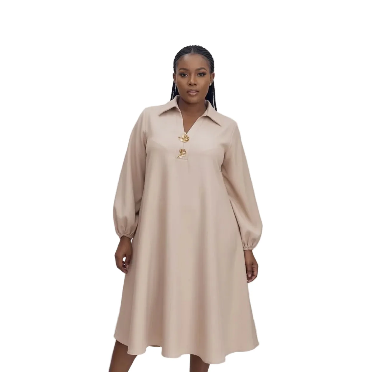 Long Sleeve Lapel Midi Dress - Image 4
