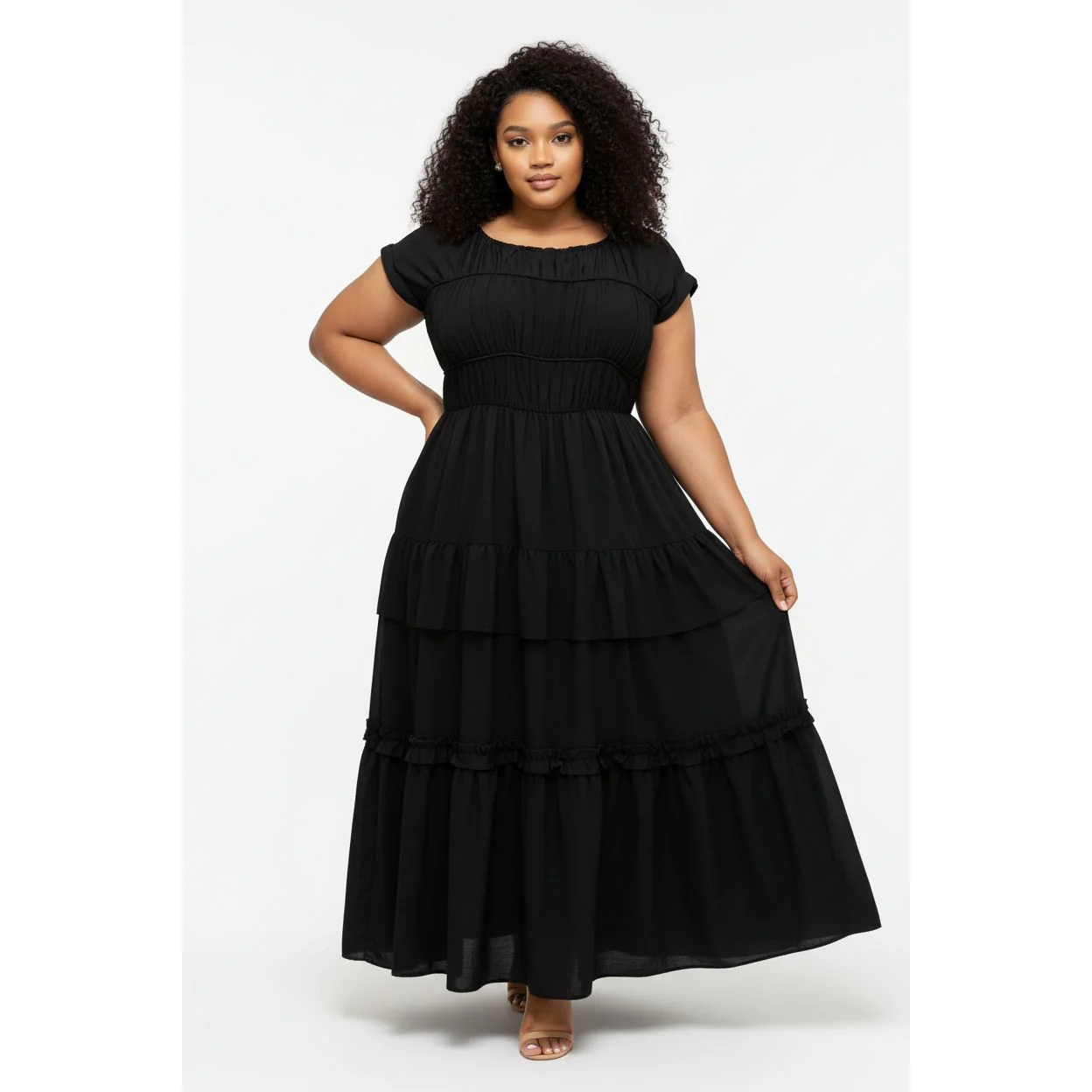 O-Neck Pleated Spliced Solid Wrap Waist Maxi Dress - Image 2