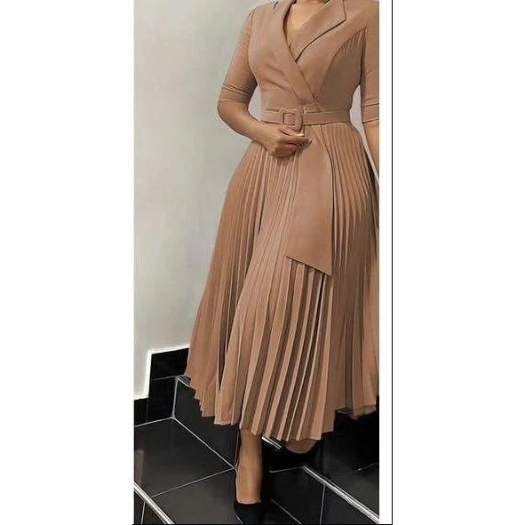 Short Sleeve Pleated V-Neck Dress - Image 3