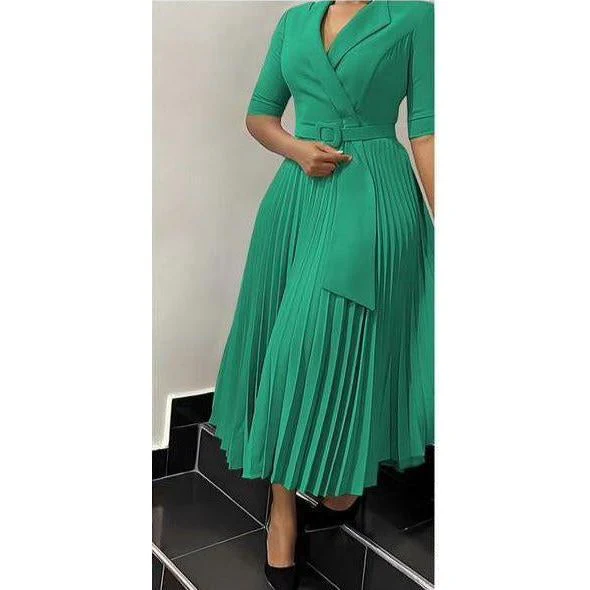 Short Sleeve Pleated V-Neck Dress - Image 4