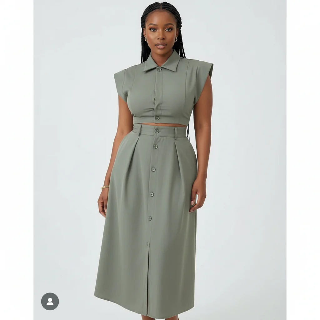 Ruffle Front Trim Button Shirt & Skirt Set. - Image 4
