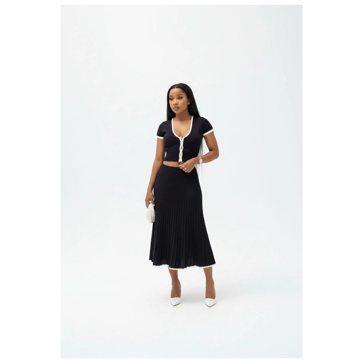 Short Sleeve V Neck Cropped Tops Midi Skirt Knitted Two Piece Set - Image 4